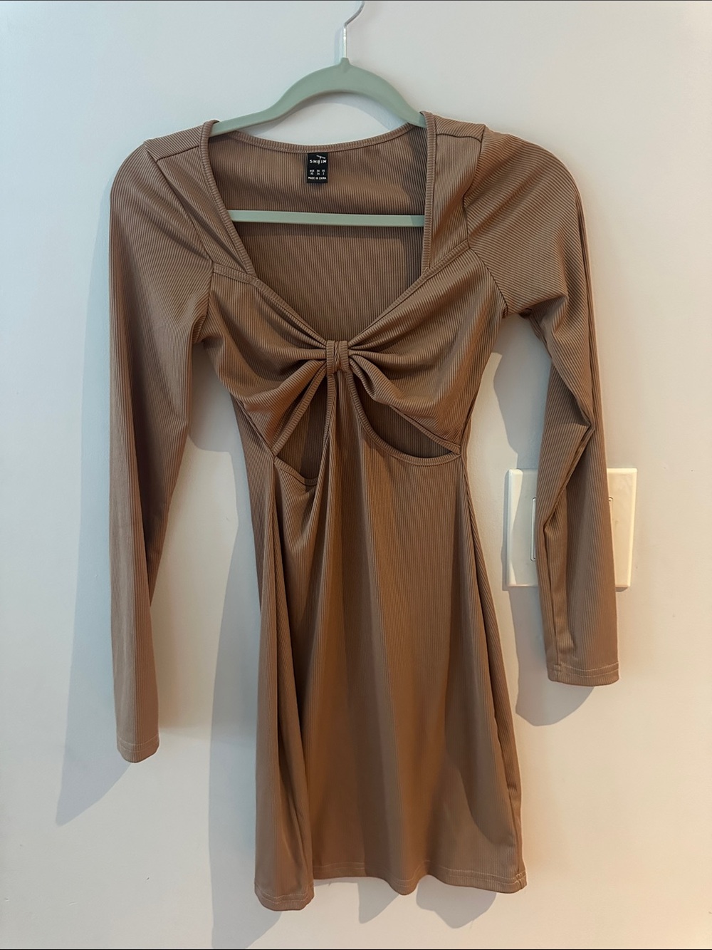 SHEIN Taupe Long Sleeve Knot-Front Mini Dress